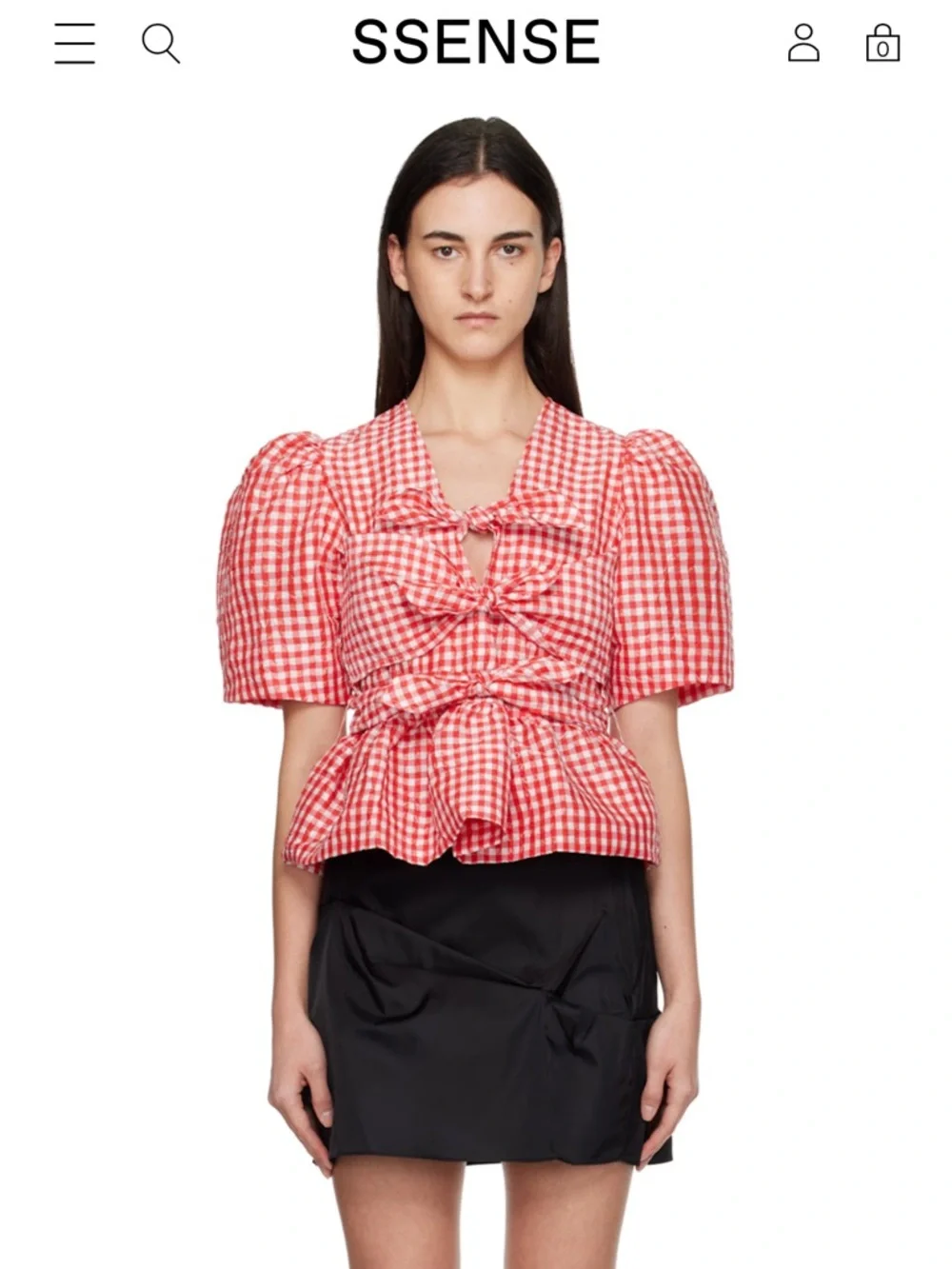 Red Gingham Puff-Sleeve Tie-Front Peplum Top - Picture 2 of 4
